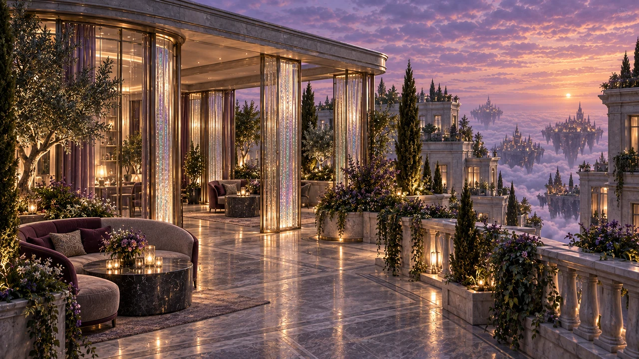 Vertical illuminated screens surround a curved upper pavilion and planted terrace. Seating and a low balustrade face the distant lights of the suspended city.