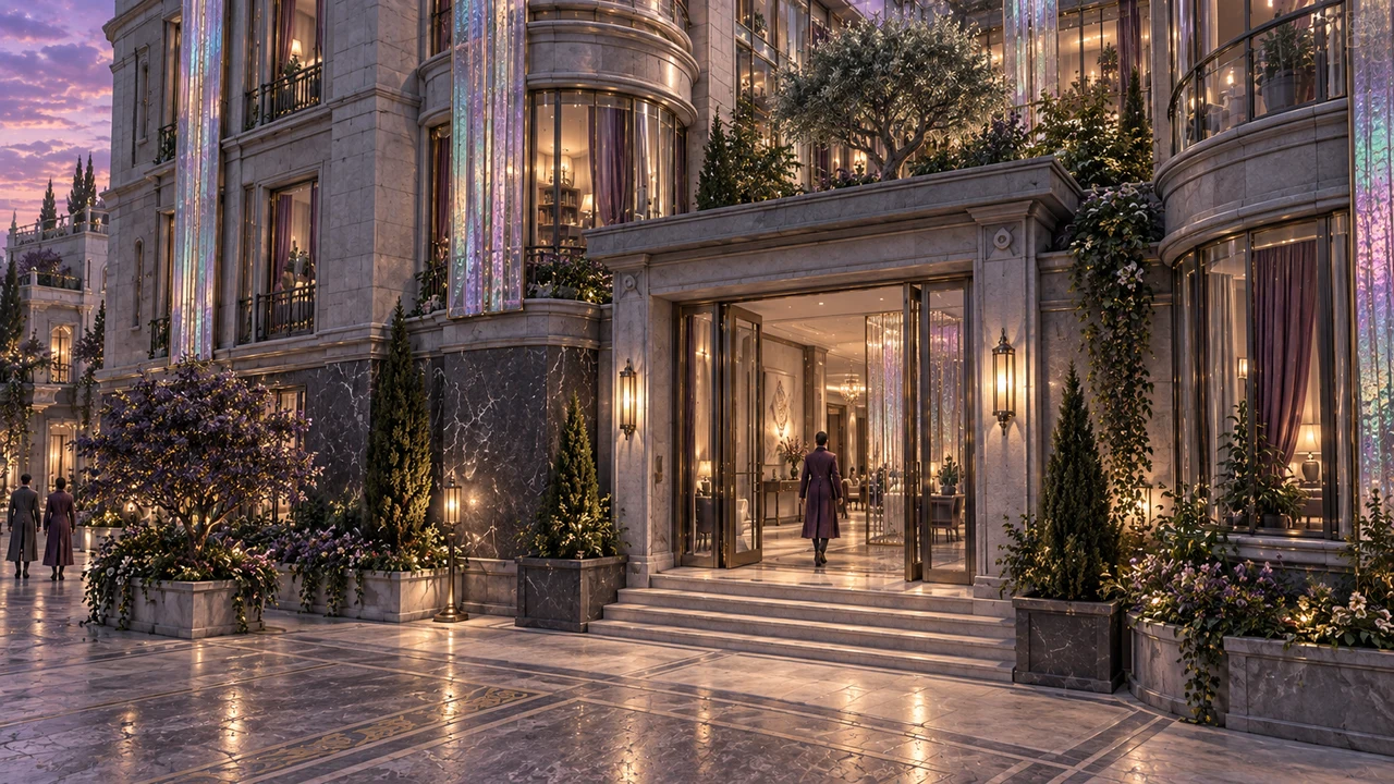 Broad steps lead from the promenade to a low mineral portal and glazed entrance. Above the pavilion, the silver foliage of the raised court marks the next layer of the residence.