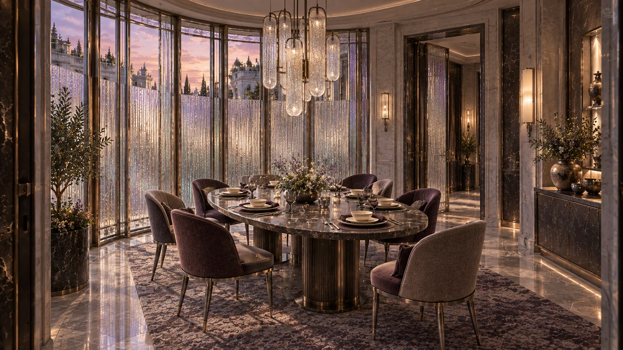 An oval dark-stone table sits behind translucent striated glass. Warm lighting, muted plum seating and softened reflections lend privacy to the dining room.