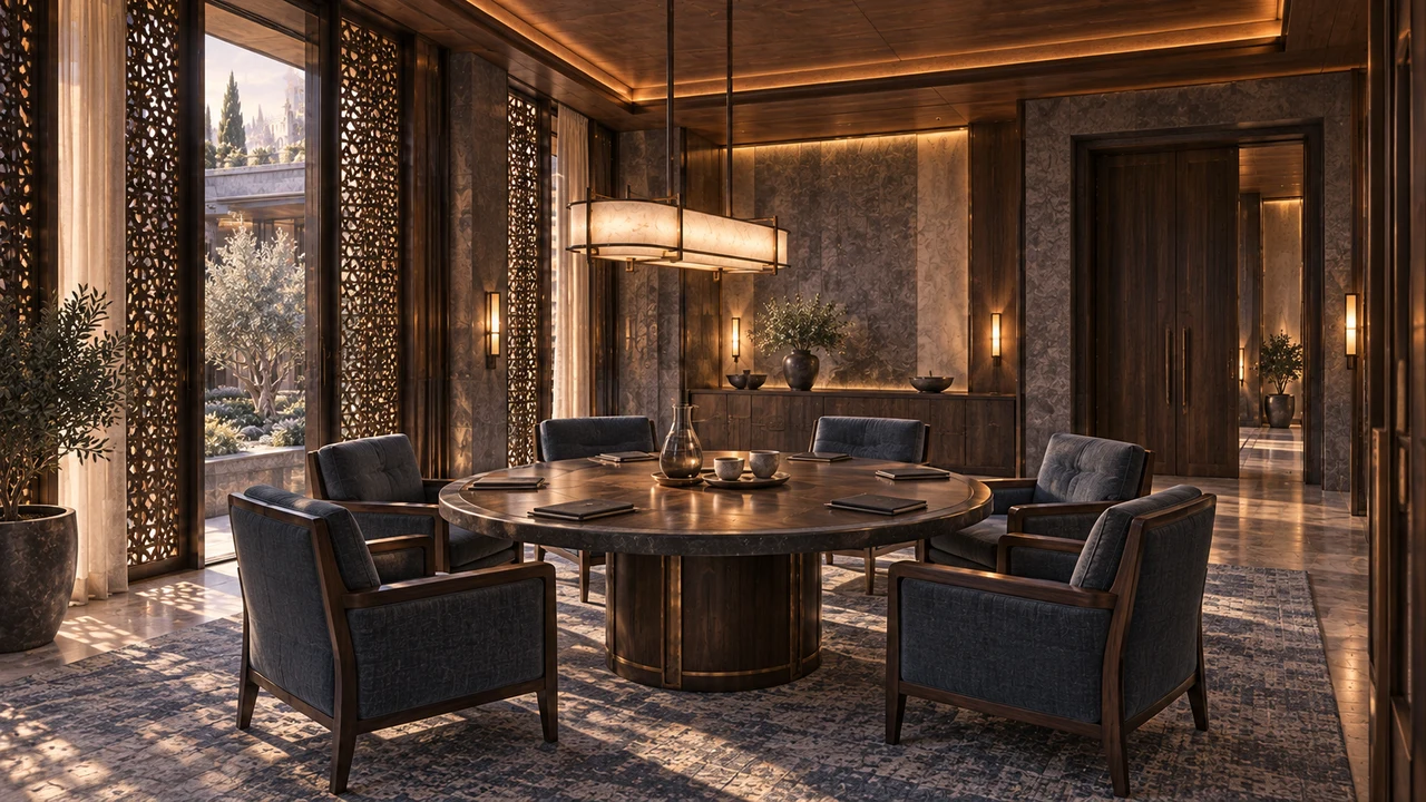 A round wood table with a stone rim gathers equal-height chairs beneath a long diffused light. Unmarked folios and cups await a private conversation.