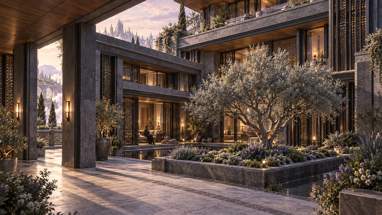 A silver-branched tree and a small reflecting pool sit within the protected court. Covered galleries and deep stone openings surround a quiet place to pause.