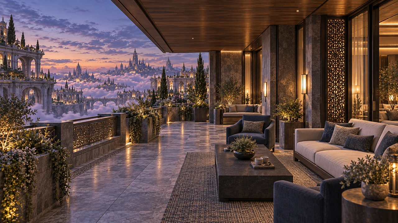 Pale seating and blue-green armchairs rest beneath a broad wood-lined roof. Patterned parapets frame the city lights and lavender-grey clouds as dusk reaches the sheltered terrace.