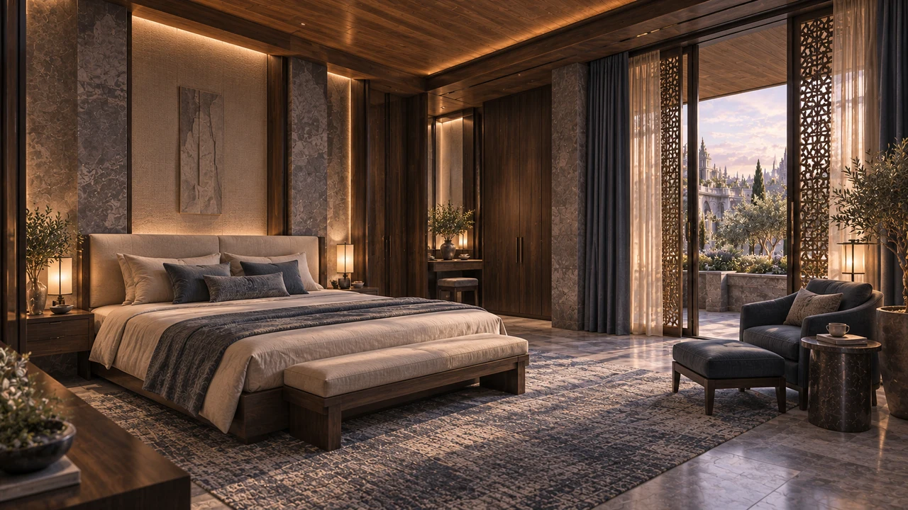 A low wood bed, layered curtains and screened glazing give the guest room a quiet domestic character. A blue-green armchair forms a small retreat beside the window.