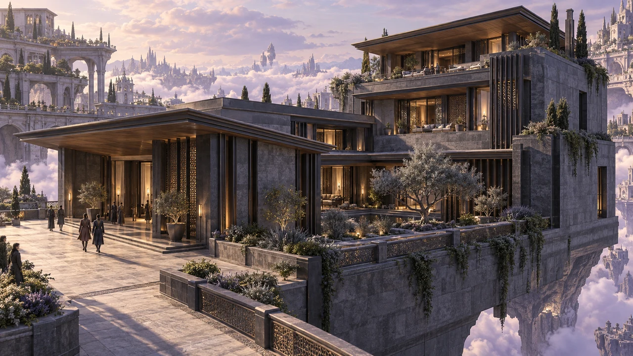 Three stepped pavilions form a sheltered residence along House Terraces. Deep roofs, patterned screens and a planted court temper the light above Auralith’s lavender-grey clouds.