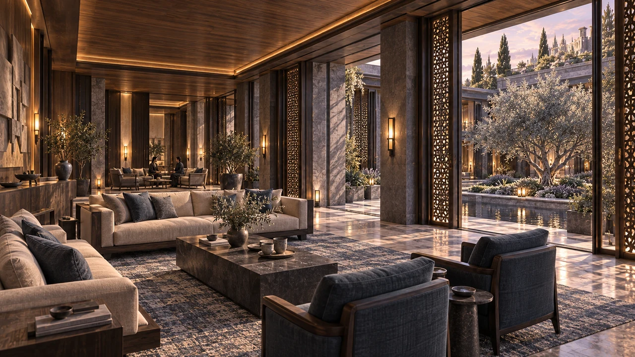 Two visitors converse beyond pale sofas and petroleum-blue armchairs. Warm wood, a low stone table and broad glazing connect the reception salon to the sheltered court.