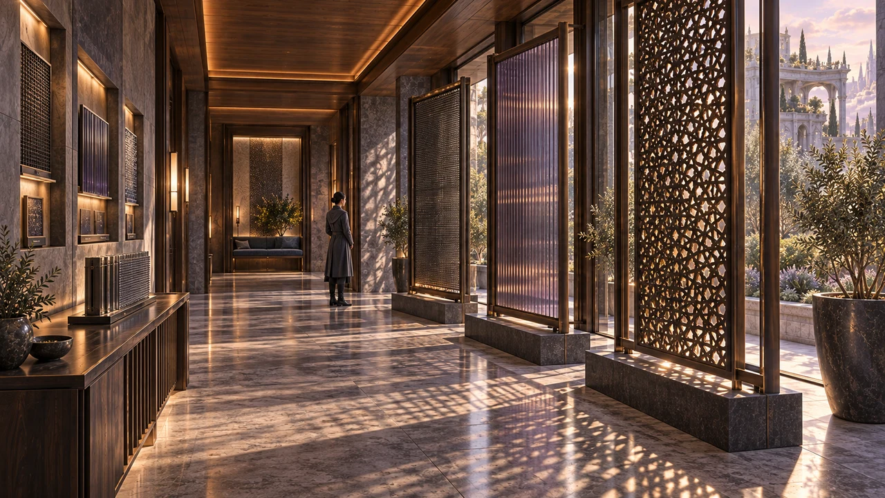 A visitor studies freestanding lattice, striated glass and layered mesh panels. Smaller surface samples show how shade and filtered light can become part of a room.