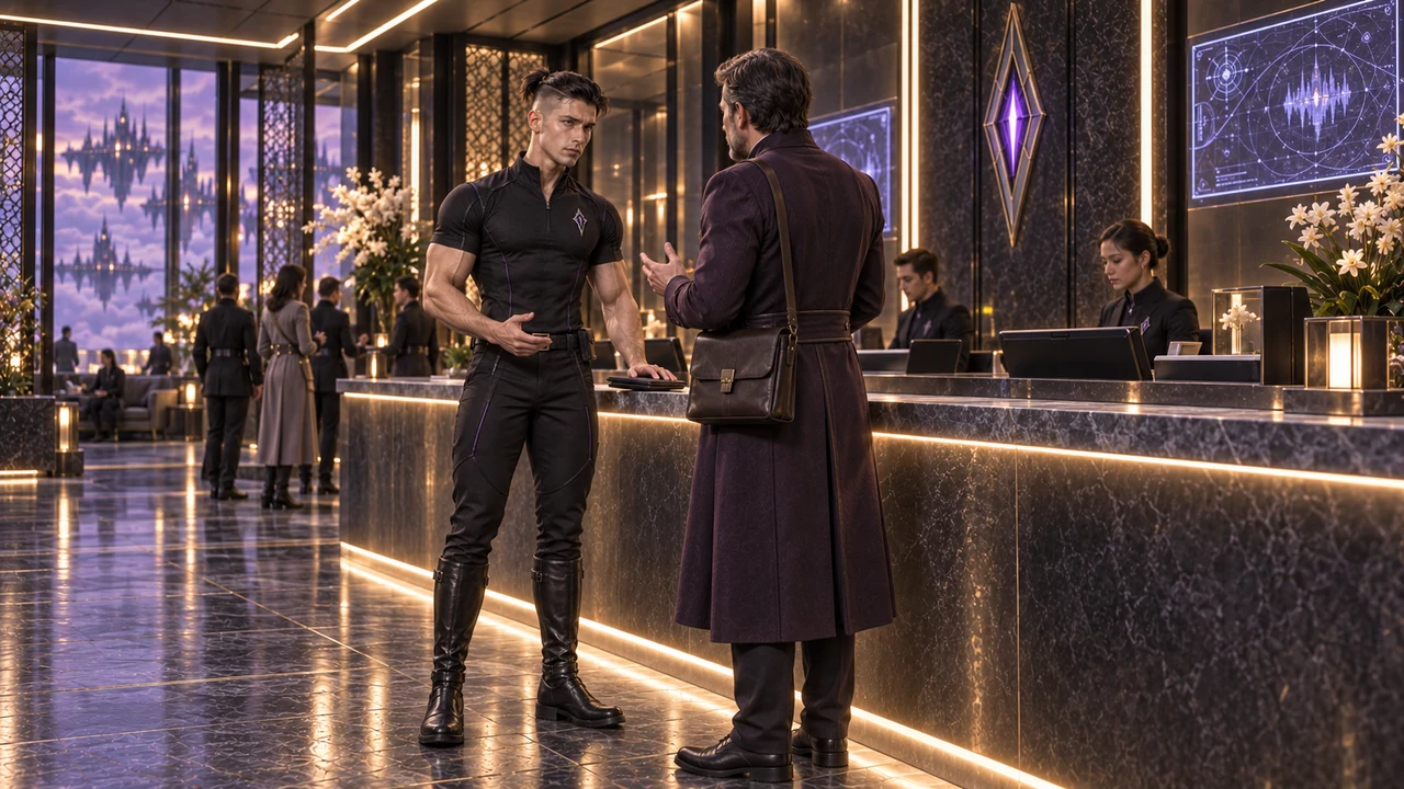 Kaelren listens to a merchant in a plum coat beside the staffed reception counter.