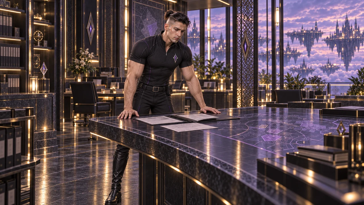 Kaelren rests both hands on a broad stone table while reviewing papers beside a violet district display.