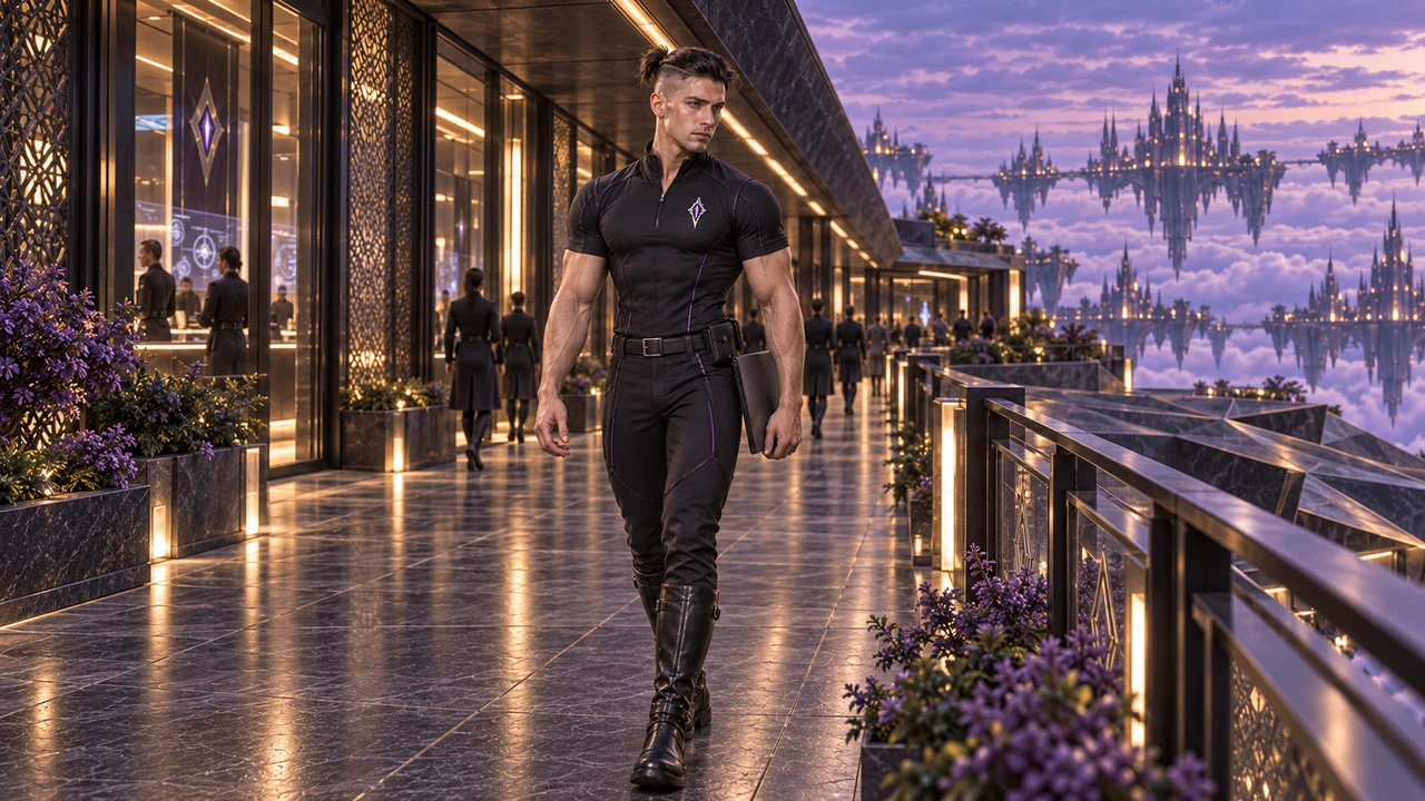 Kaelren carries a slim folder along a covered upper gallery with purple planting and a view of Caelvar.