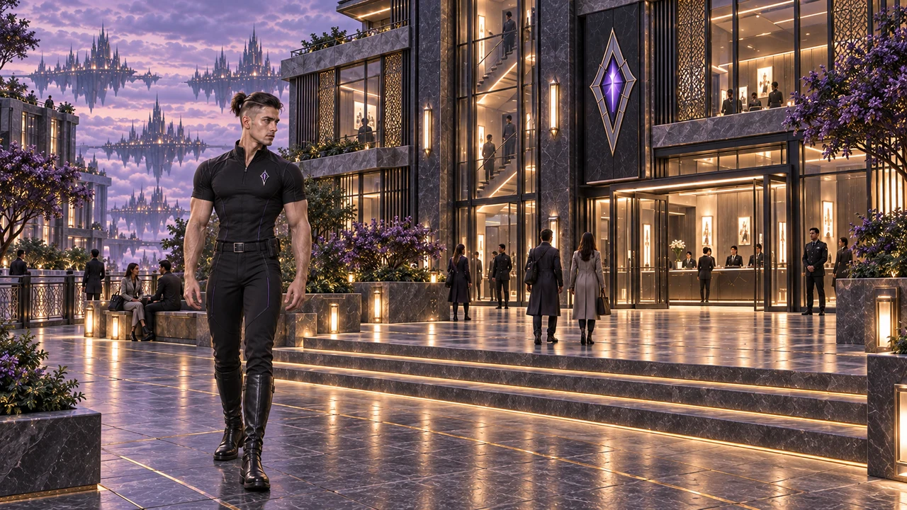 Kaelren stands in the public forecourt before the glazed station entrance and its tall violet Watch emblem.