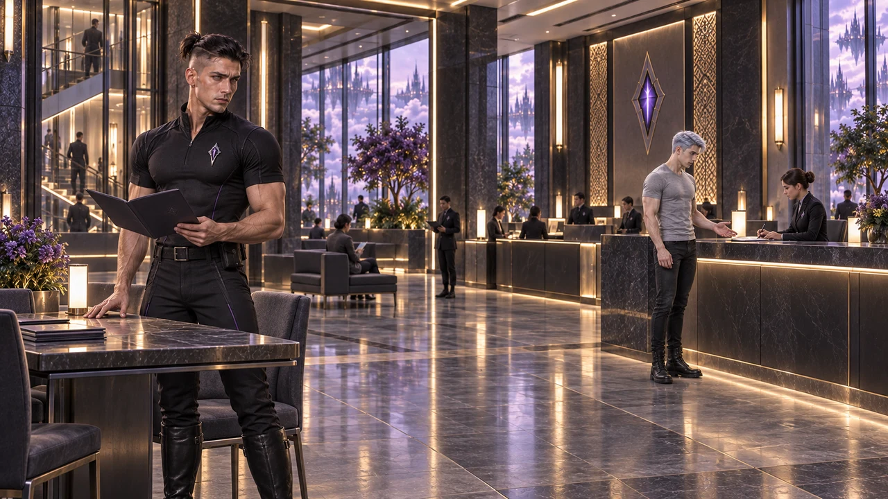 Kaelren looks sideways from an open folder while Eryven, farther back in his grey T-shirt, reports a lost object to a receptionist.