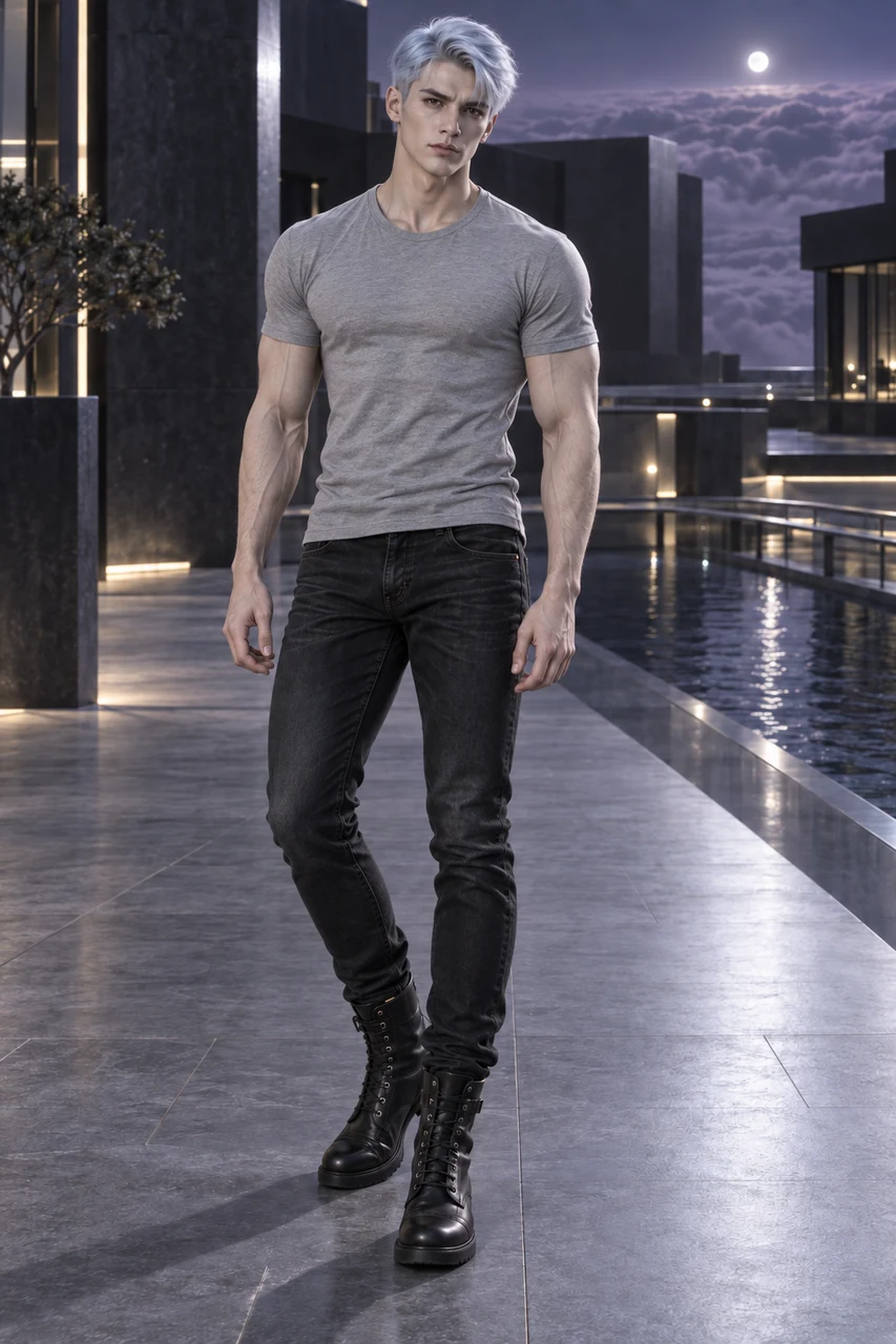 Full-length Eryven with short ice-blue hair, a fitted light-grey T-shirt, charcoal jeans and black lace-up boots.