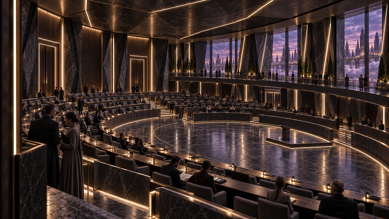 The elliptical Senate chamber with terraced seating, a central speaking floor and a shallow faceted ceiling.