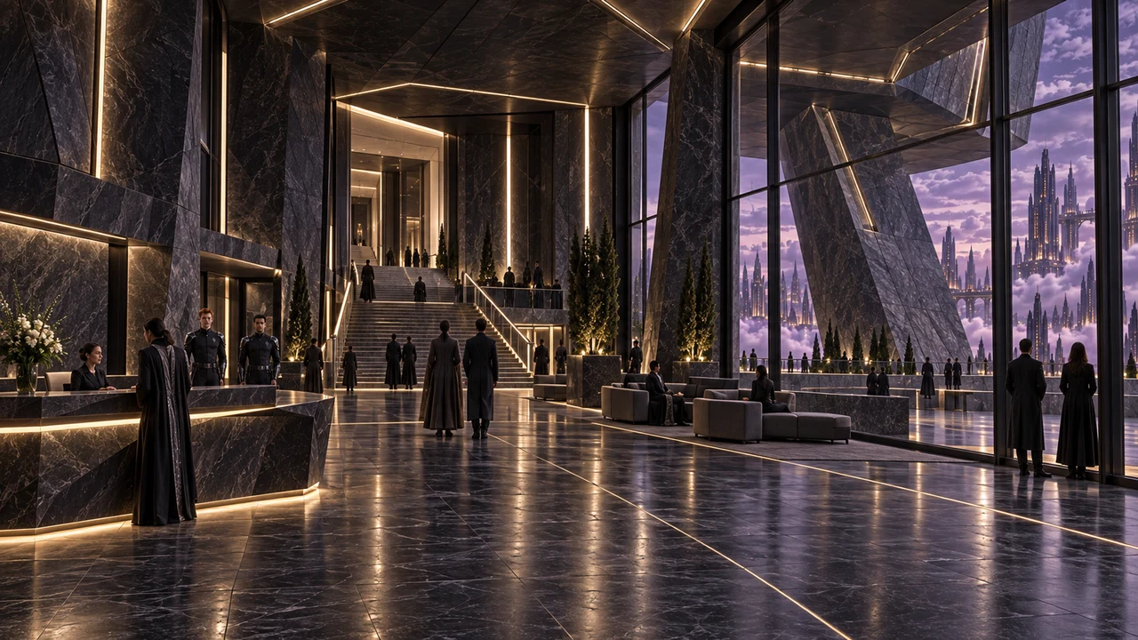 A monumental civic atrium with a reception desk, broad stair and high glazing overlooking an inclined Concordium buttress.