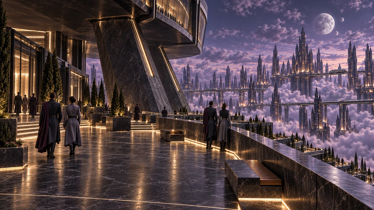 A lateral terrace beneath the raised Concordium, with stone benches, slender trees and figures in Caelvar attire facing the cloud city.