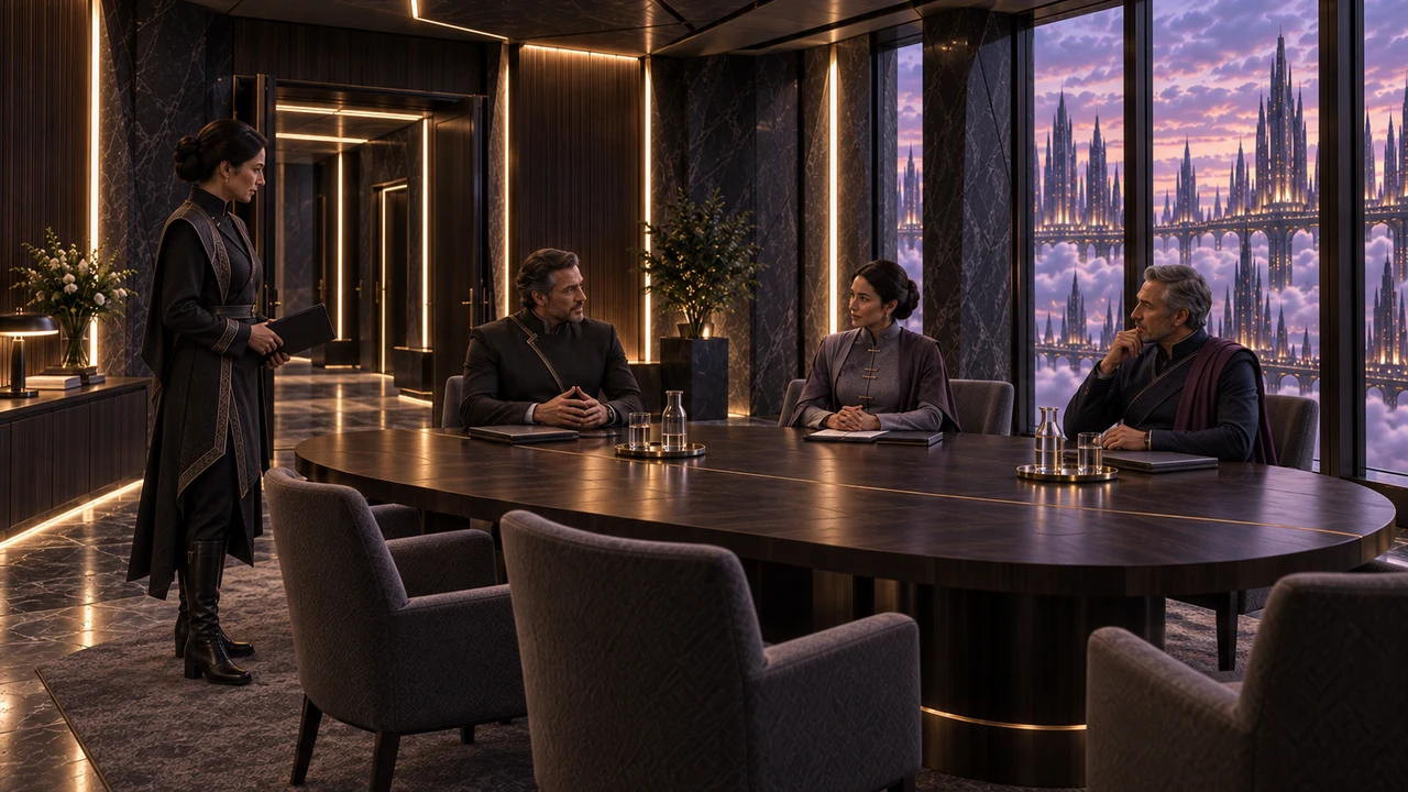 Four adults in structured Caelvar attire meeting around an oval table in a dark stone and timber room overlooking Auralith.