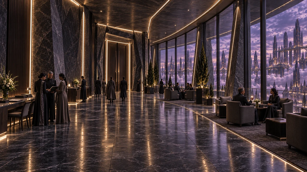 A curved delegation hall with dark veined stone, writing surfaces, seating groups and full-height windows facing Auralith.