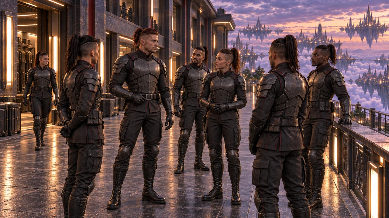 Rhaedren and six colleagues gathered on the protected side terrace with the cloud city beyond.