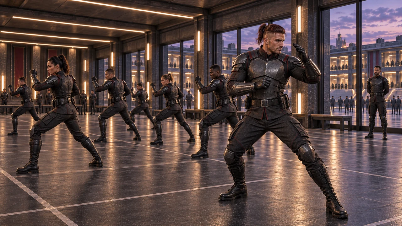 Rhaedren and fellow legionaries practising defensive stances in a wide covered hall.