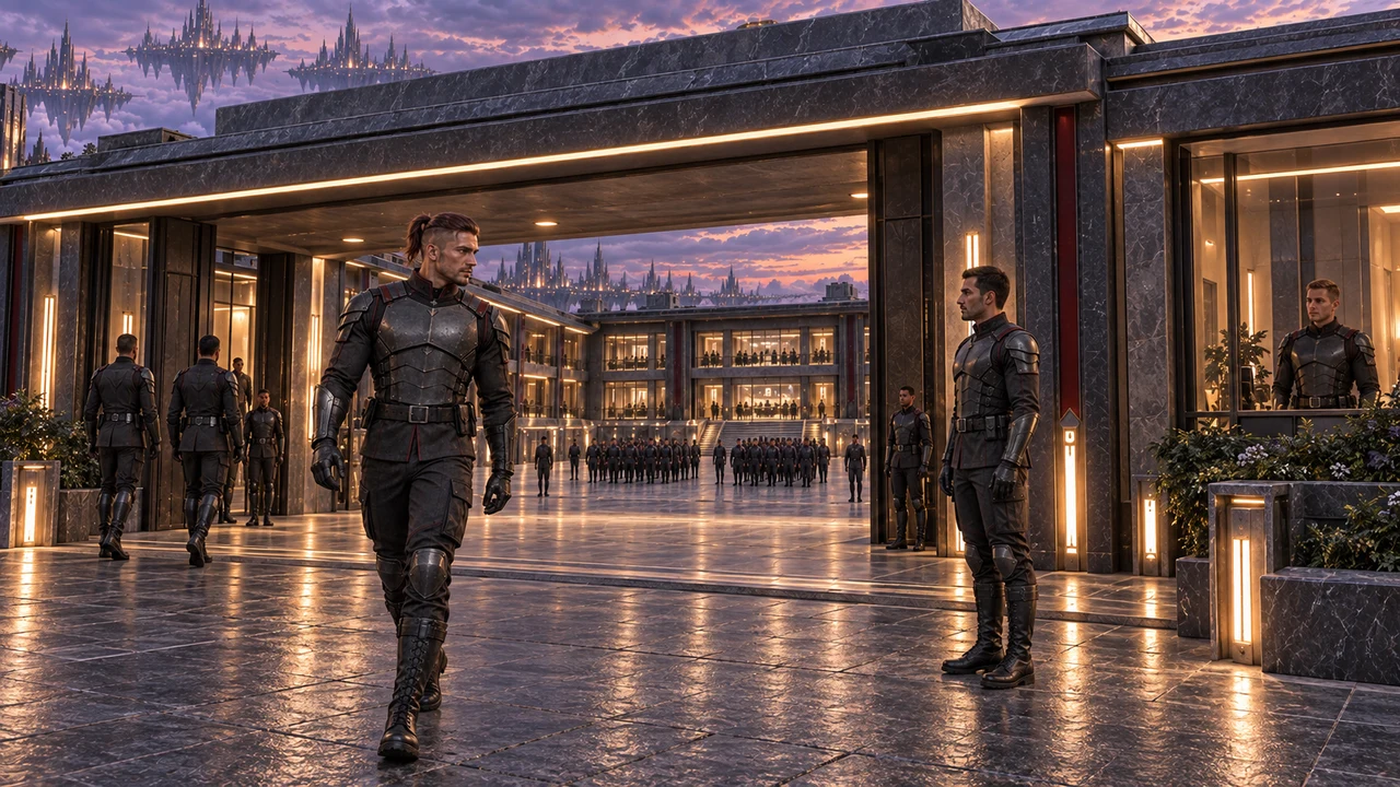 Rhaedren walking beside a gate guard, with the illuminated portico and courtyard behind him.