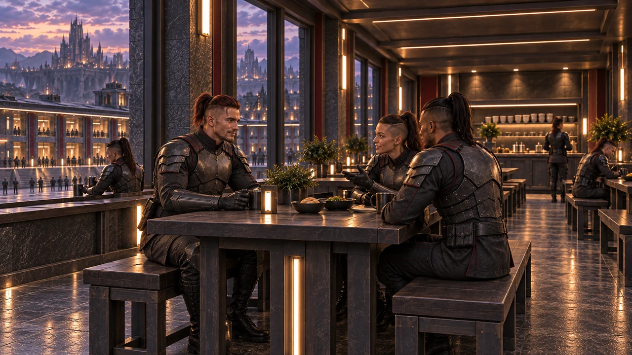 Three legionaries, including Rhaedren, seated naturally around a table beside windows overlooking the courtyard.