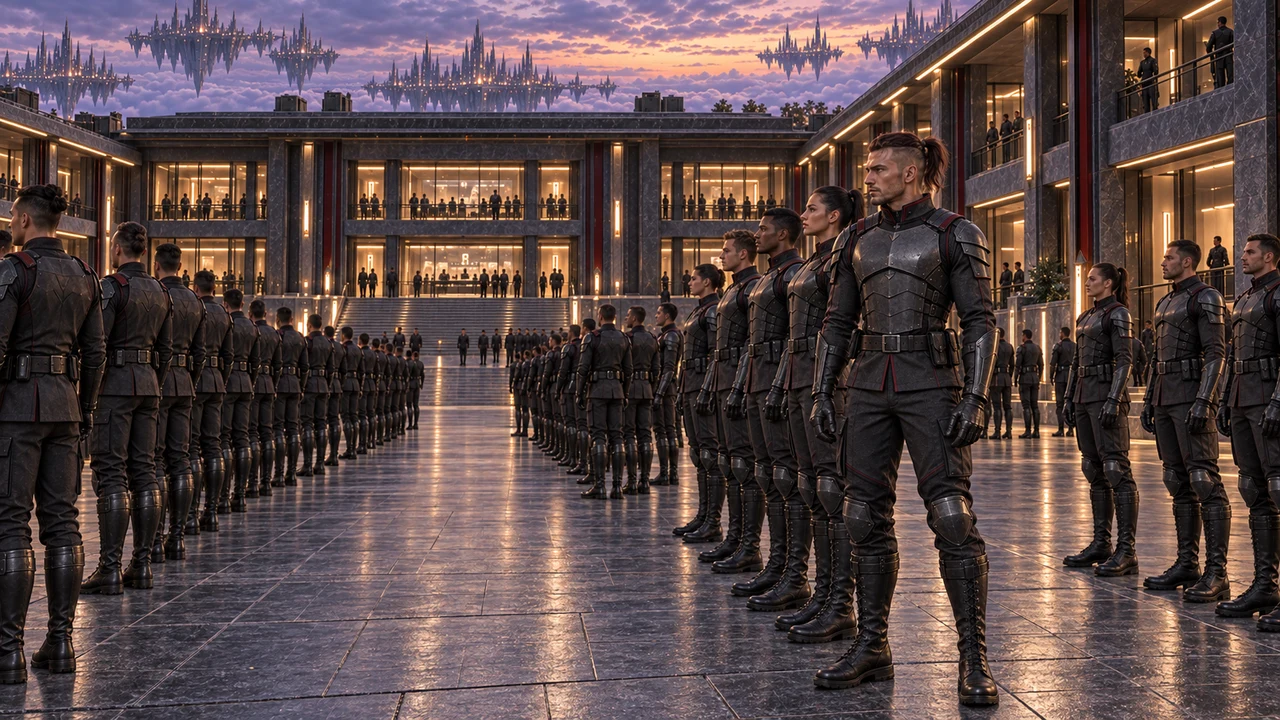 Rhaedren in formation among rows of legionaries in the central barracks court.