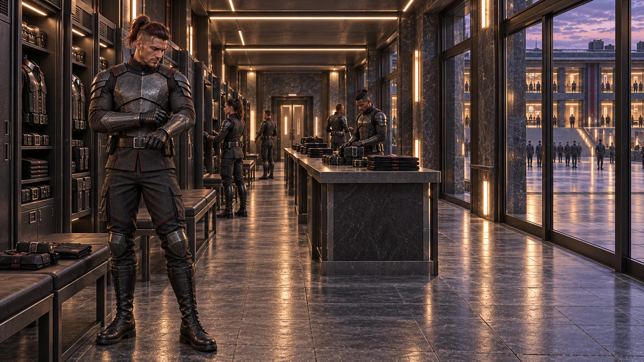 Rhaedren checking his bracer beside equipment lockers, benches and a preparation table overlooking the court.