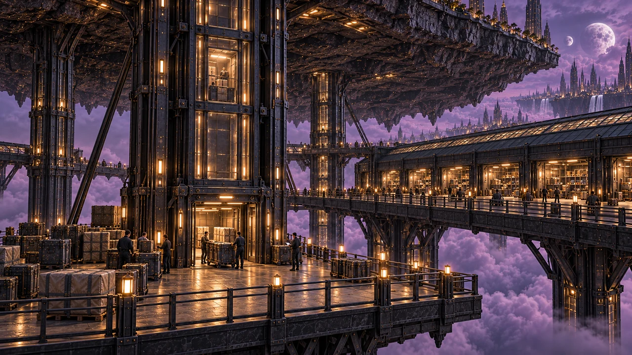 Glazed cargo lift towers connecting the undercloud stores to the city platforms overhead.