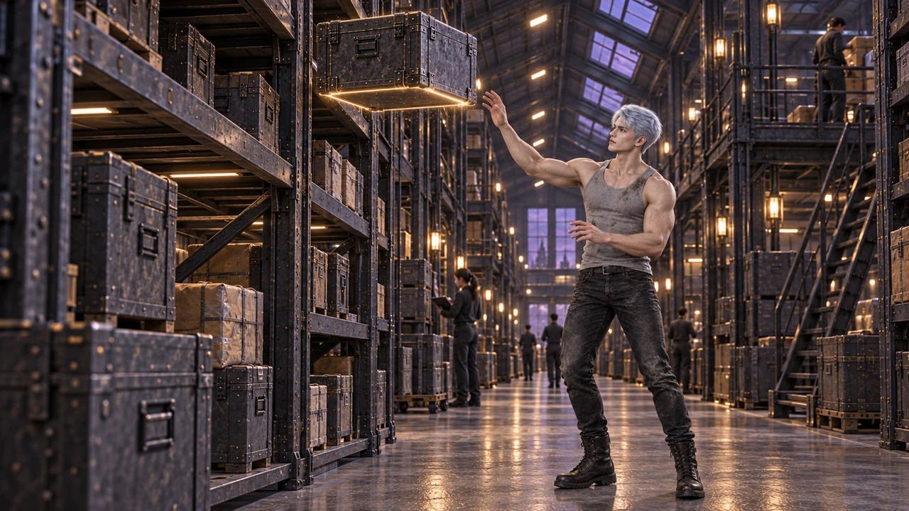 Tall warehouse shelving and broad aisles, with Eryven magically guiding a case toward a storage shelf.