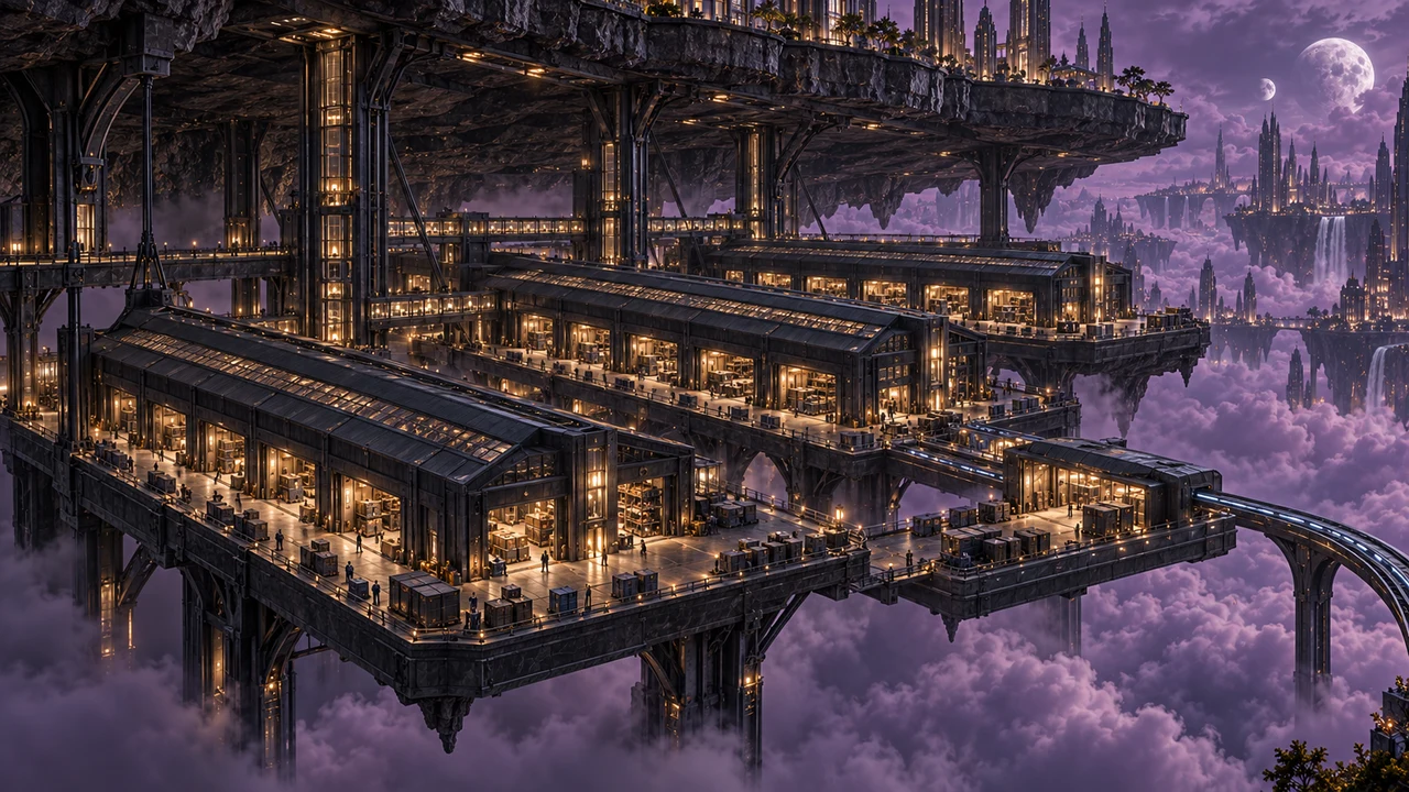 Three long dark warehouse halls on suspended terraces below the rock platforms of Auralith, linked by bridges and glazed lifts.
