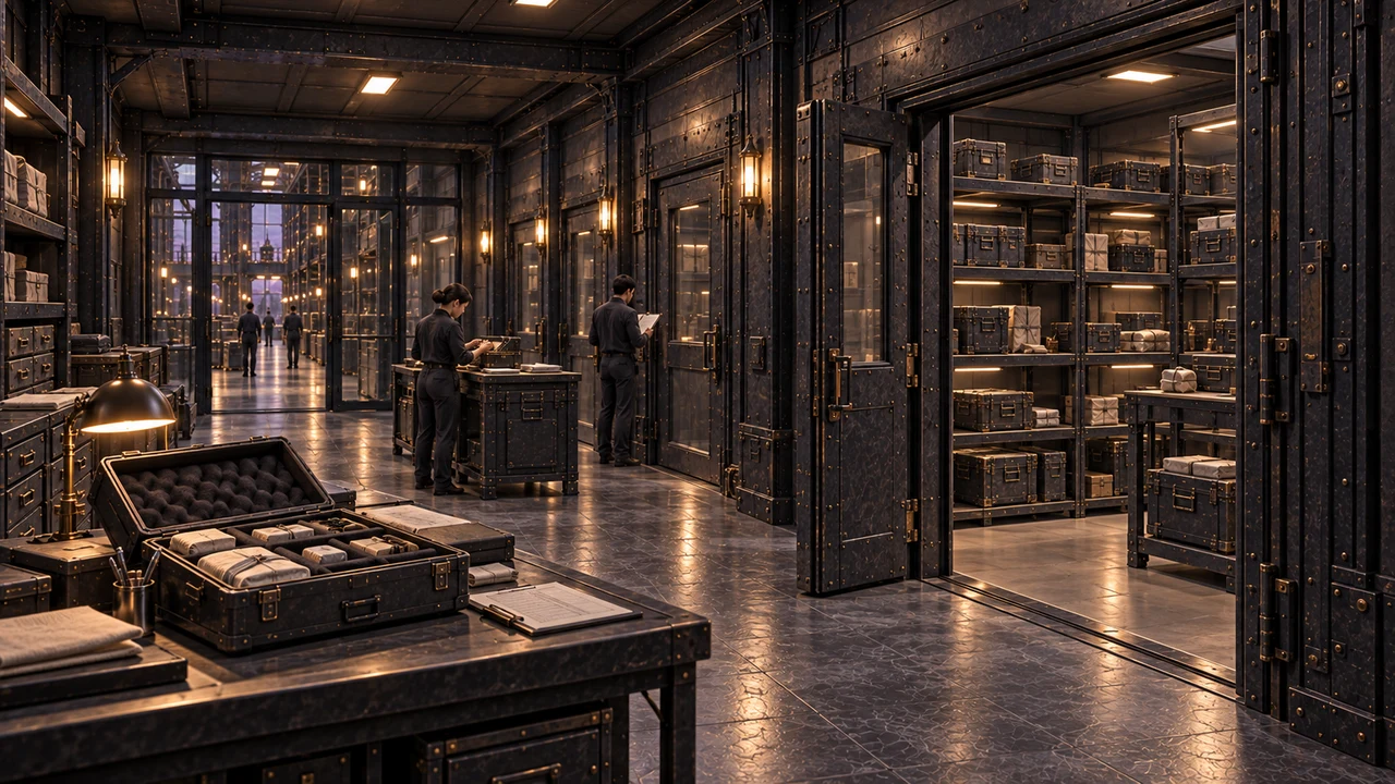 Enclosed preservation rooms with protected storage bays, padded cases and workers inspecting delicate supplies.