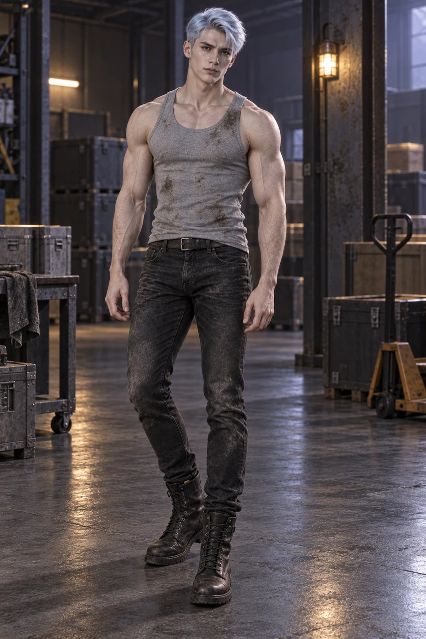 Full-length portrait of Eryven with short ice-blue hair, a dusty grey tank top, fitted charcoal jeans and black work boots.