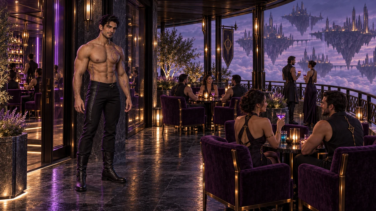 Vaerik stands beside the doorway as adults converse over cocktails on the covered terrace, with floating districts rising beyond the railing.