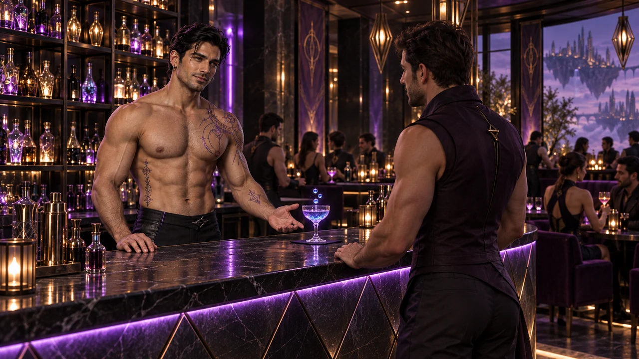 Vaerik presents a luminous cocktail with three suspended droplets to an adult patron across the faceted dark stone counter.