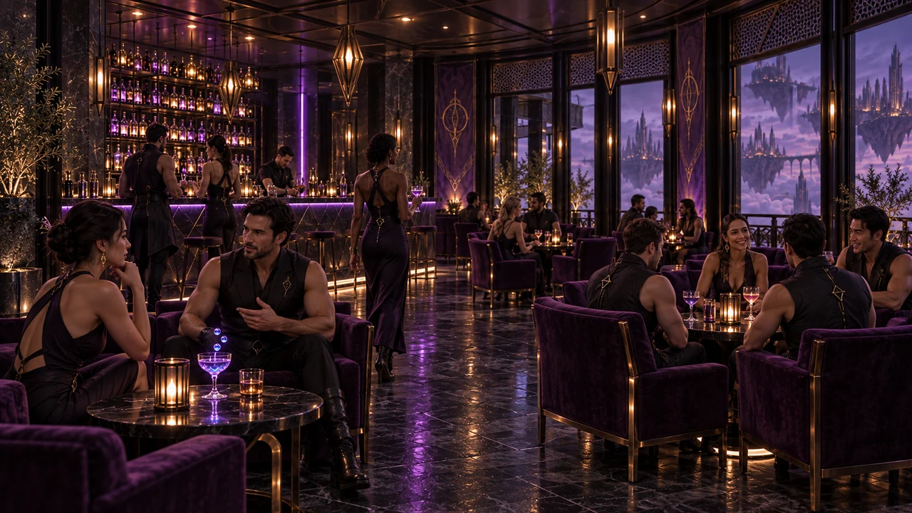 Adult patrons share conversations and glowing cocktails among plum armchairs, low stone tables and windows overlooking Auralith.