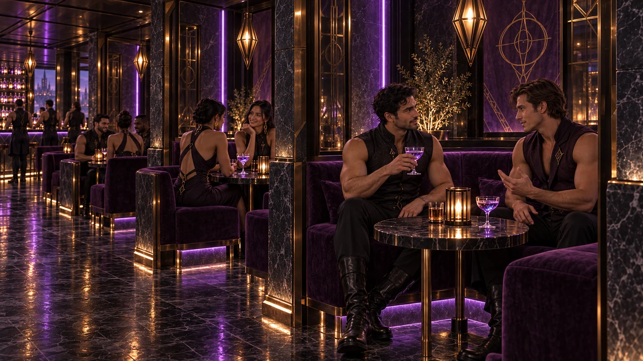 Open booths of dark stone, smoked glass and plum upholstery shelter small groups of adults enjoying quiet conversations and drinks.