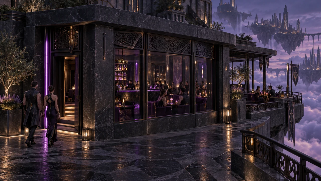 Dark veined stone and smoked glazing frame a discreet violet-lit entrance, a lively cocktail lounge and a sheltered terrace above the clouds.