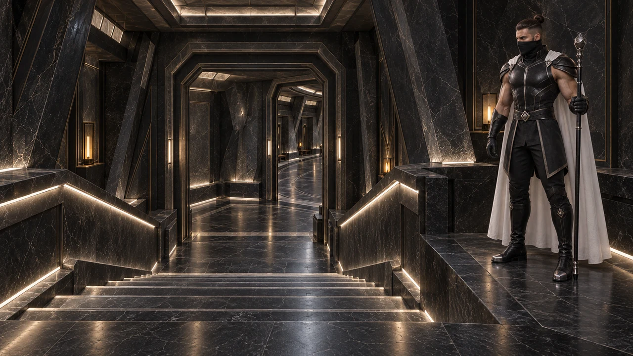 A broad dark stone stair descends through a deep architectural frame toward the custodians’ gallery, edged by warm concealed lighting.