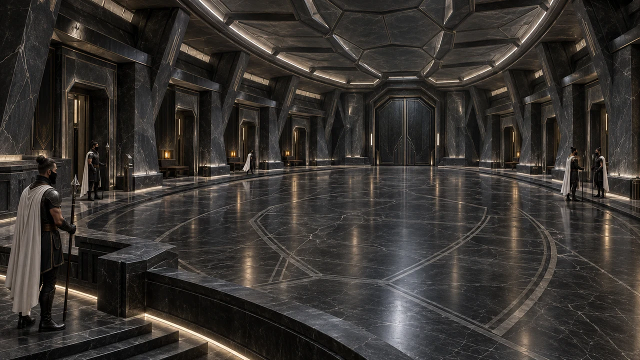 A covered elliptical court of black veined stone, inclined piers and perimeter galleries, with white-caped custodians beneath a faceted ceiling.