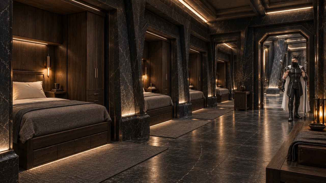 A row of equal sleeping alcoves with grey bedding and integrated dark timber storage; a fully uniformed custodian stands at the doorway.
