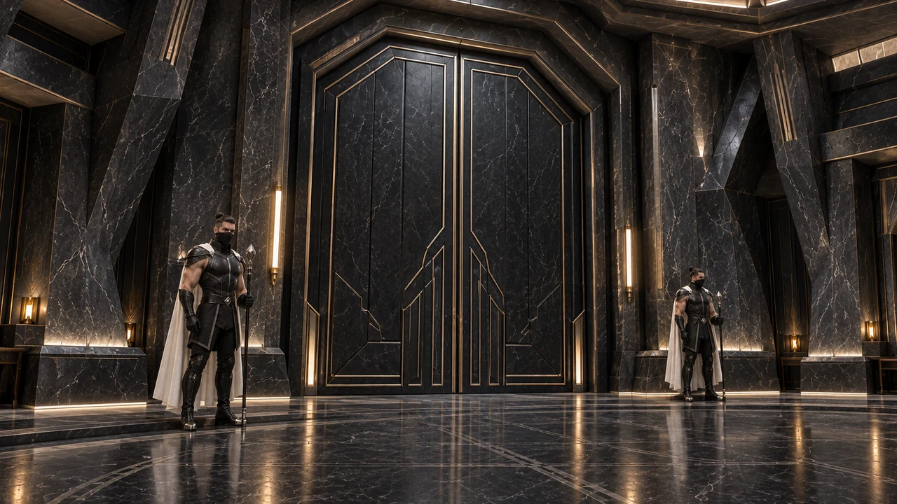 Two white-caped masked custodians flank a tall closed black double door with clipped corners and fine pale metal tracery.