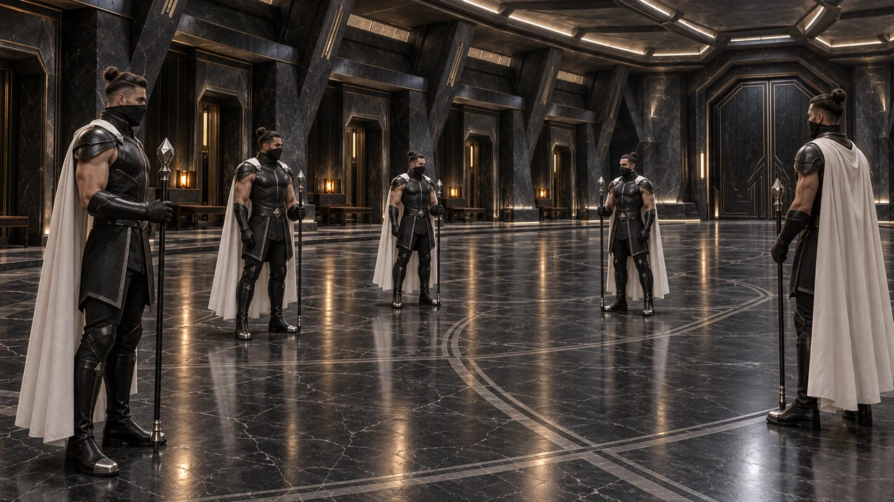 Five white-caped custodians stand in an open arc across a dark mineral court beneath a low faceted ceiling.