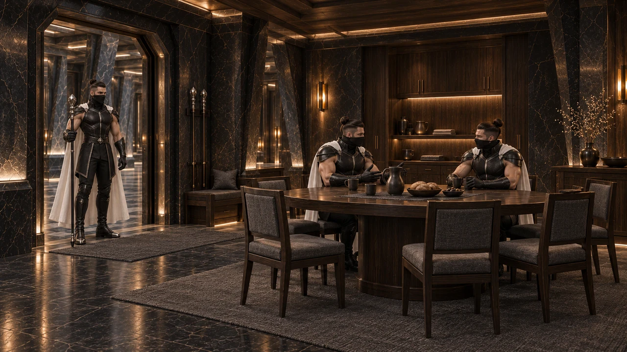 Two masked custodians sit on the far side of an oval timber table while a third stands near the common-room entrance.