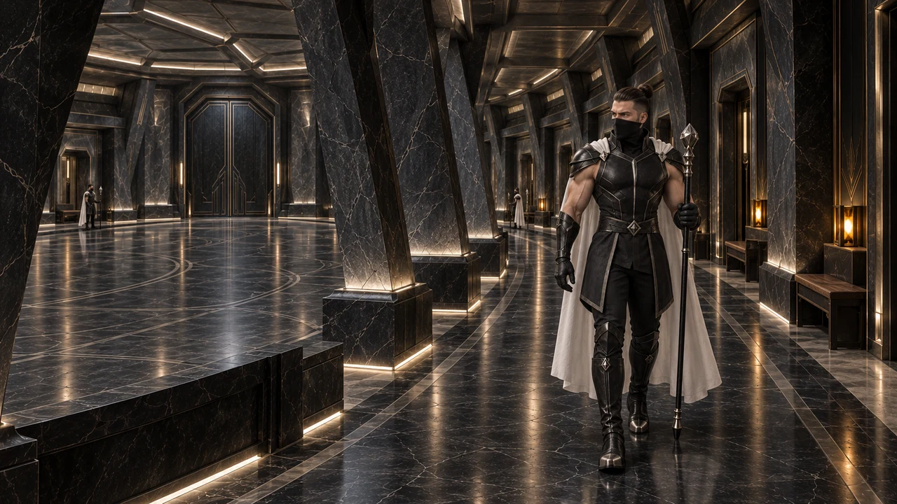 A masked custodian walks along a gallery with the court to the left, a dark wall to the right and warm light along the solid parapet.