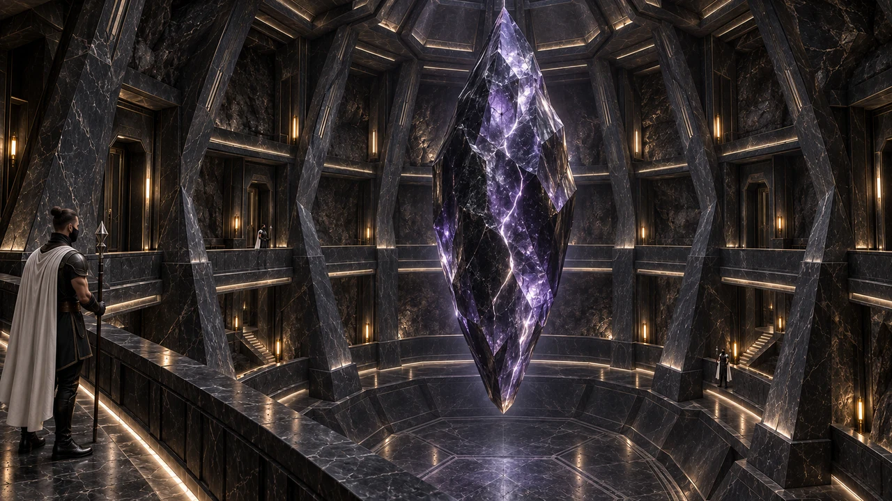 A single elongated black and amethyst mineral core floats above a closed stone basin in a vast enclosed chamber with inclined ribs and three levels of galleries.
