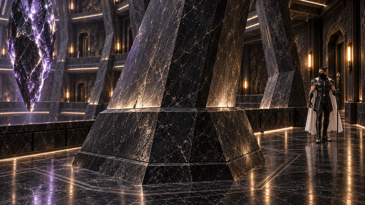 A massive faceted pier base dominates the foreground, with part of Orynth visible on the left and a white-caped custodian on the right.