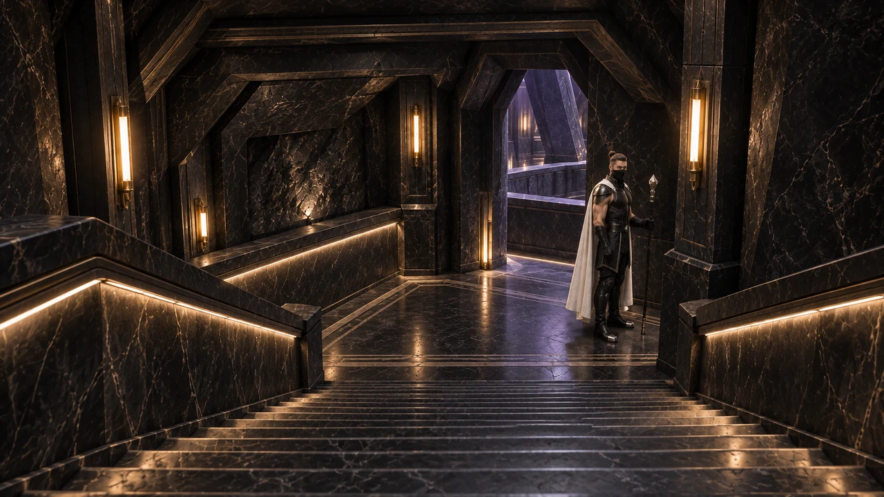 A dark mineral stair turns toward a framed gallery lit by the distant violet core, with a masked white-caped custodian waiting to the right.