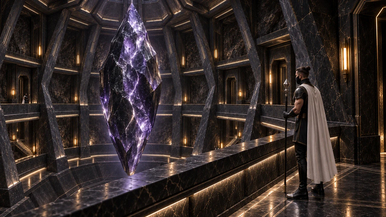 Orynth rises to the left of an upper stone overlook, with a white-caped masked custodian standing beside the parapet to the right.