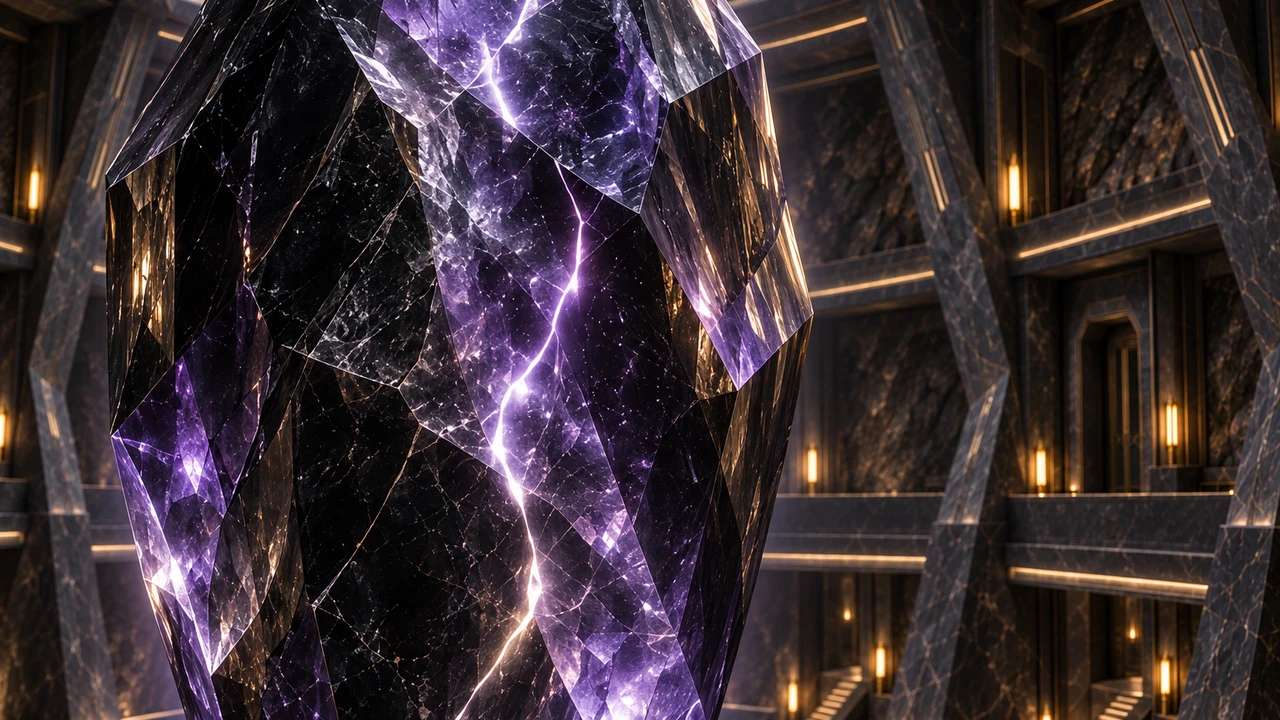 Close view of Orynth’s dark faceted surface, translucent amethyst strata and branching white-violet internal veins, with part of a stone gallery behind it.