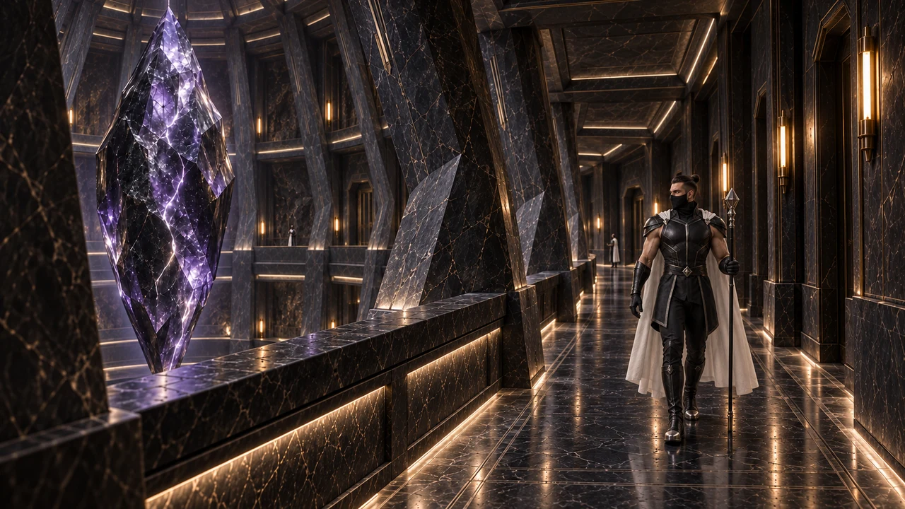 A masked custodian approaches along a dark stone gallery, with the wall on the right and inclined piers framing the luminous core on the left.